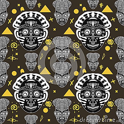 African mask seamless pattern on brown background Stock Photo